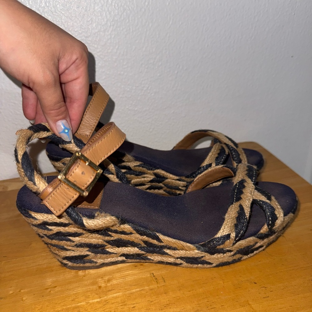 Tory Burch Blue and Tan Wedge Shoes